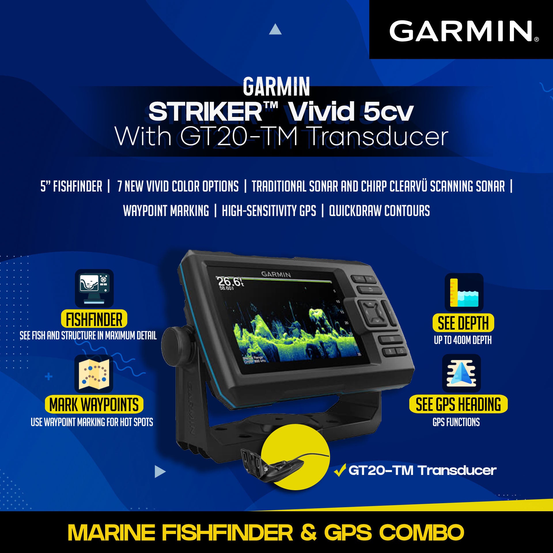 PRE-ORDER GARMIN STRIKER™ Vivid 5cv With GT20-TM Transducer – GFF FISHING  GEAR