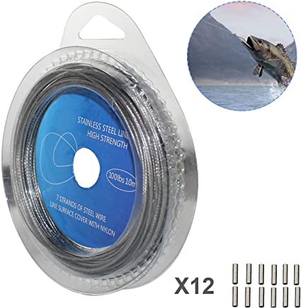 10LB-200LB Fishing line Wire Leader Vinyl Coated Stainless Steel Leader Wire 10 Meter,with 12pcs Crimps Sleeves